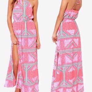 MINKPINK Pink Geometric Patterns Maxi Dress Large Side Slit Travel
